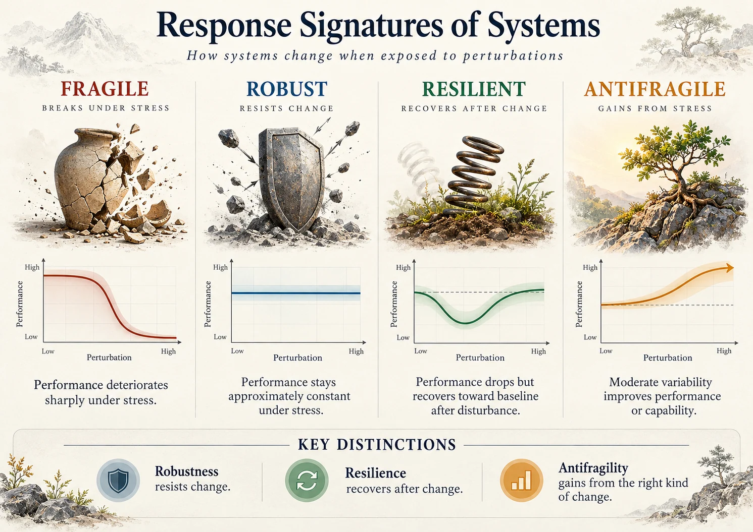 An illustrated comparison of a cracked fragile vessel, protective robust shield, recovering spring, and thriving tree; four conceptual stress-response curves.