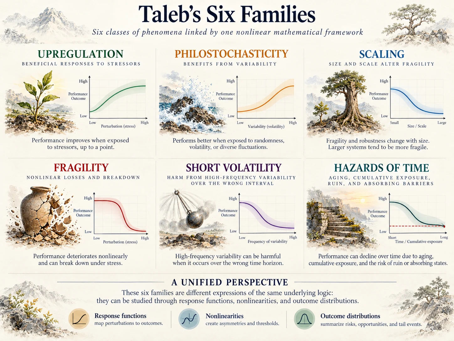 Taleb's six families displayed in an illustrated two-by-three matrix: upregulation, philostochasticity, scaling, fragility, short volatility, and hazards of time.