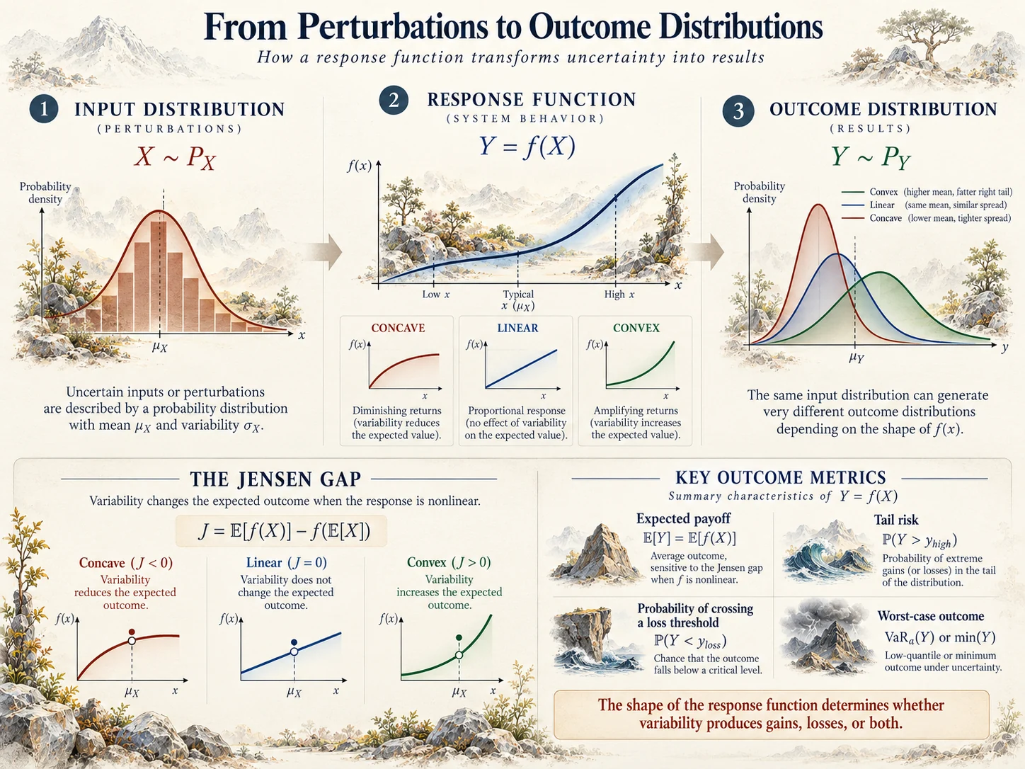 The mathematical bridge: input probability distribution flows through a nonlinear response function to an outcome distribution; Jensen gap and risk summaries.